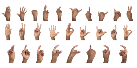 Hand sign set. Dark-skinned male showing different finger gestures including peace, ok, fist, thumb