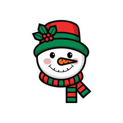 Cute Snowman Face with Red and Green Hat and Scarf – Christmas Cartoon Illustration