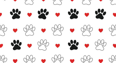 Paw Prints Pattern with Hearts on White Background, Animal Pet Footprints