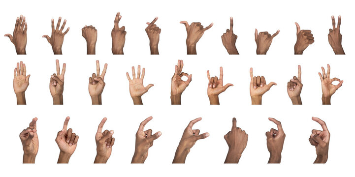 Hand sign set. Dark-skinned male showing different finger gestures including peace, ok, fist, thumb - Powered by Adobe