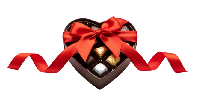 Heart shaped box of assorted chocolates with a red satin bow and ribbon against a black background