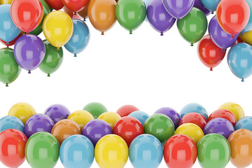 Colorful balloons float and cluster, creating a festive and joyful celebratory border.