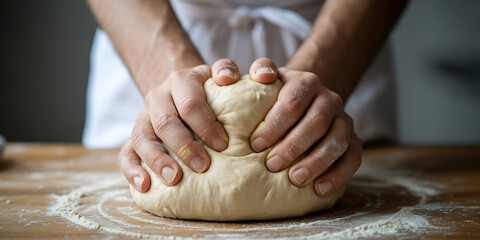 Hands kneading dough on a wooden surface, capturing the process of baking and creation.