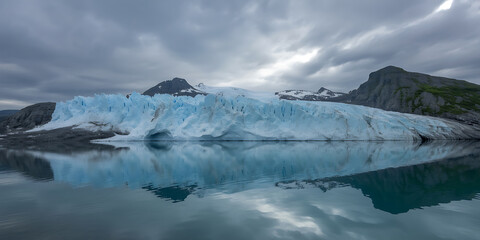 Fototapeta na wymiar Vast blue glacier meets dark water under a dramatic, cloudy sky.