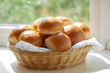 Golden, freshly baked rolls nestled in a wicker basket, evoking warmth and simple pleasures.