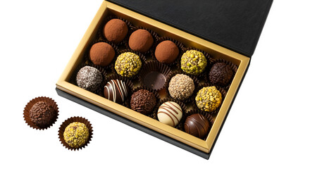 Luxurious assortment of gourmet chocolates and truffles presented in an elegant open box on a dark background