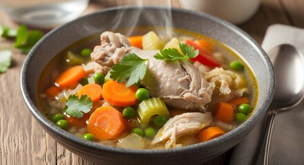 A colorful vegetable soup with fresh ingredients representing vitamins and hydration