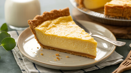 Creamy custard pie slice on a plate, alongside a glass of milk and fresh greenery.