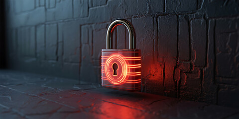Glowing padlock against a dark brick wall, symbolizing security, protection, and digital privacy.