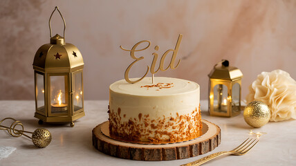 Festive Eid cake adorned with golden accents, lanterns, and decorative ornaments, celebrating a joyous occasion.