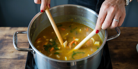 A wooden spoon stirs vibrant vegetable soup within a stainless steel pot, cooking warmly.