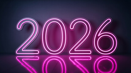 Glowing neon numbers "2026" displayed prominently, reflecting in a sleek, modern surface.