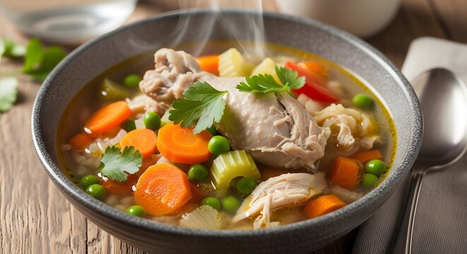 A colorful vegetable soup with fresh ingredients representing vitamins and hydration