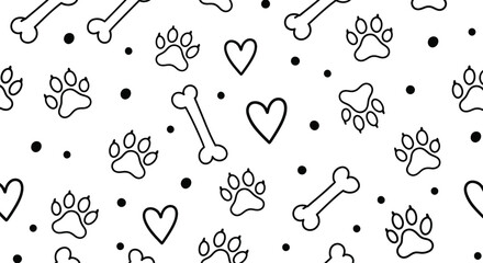 Playful Pattern with Hearts, Dog Bone, Paw Print Design on White Background