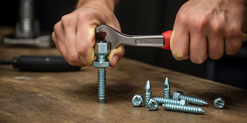 Hands gripping pliers tightening a bolt, surrounded by various metallic fasteners and hardware.