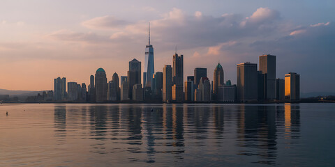City skyline reflected in calm water at sunset, creating a peaceful, urban panorama.