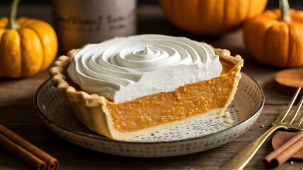 A slice of pumpkin pie with whipped cream, surrounded by autumnal pumpkins and spices.