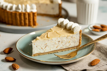 Creamy cheesecake with a biscuit crust, topped with whipped cream and almonds, looks delicious.