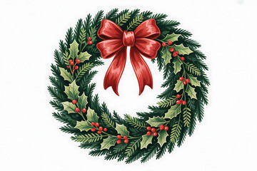 Festive evergreen wreath adorned with red berries and a vibrant bow, celebrating holiday cheer.