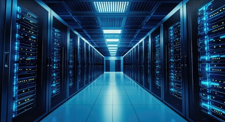 Fototapeta premium Futuristic IT data center interior with rows of glowing blue server racks and illuminated ceiling panels, ideal for AI cloud computing, network security, and digital infrastructure backgrounds