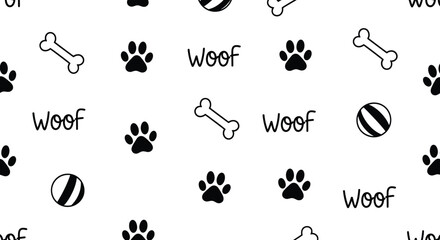 Playful Seamless Pattern with Bones, Woof Text, Paw Prints, and Striped Ball on White