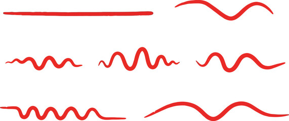 Red Curve Strokes Set, Wavy Lines Collection on White Background, Decoration Element