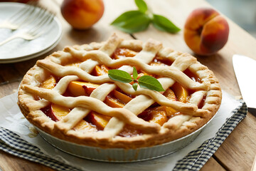 Fresh peach pie with lattice crust, garnished with basil, sits on a rustic wooden table.