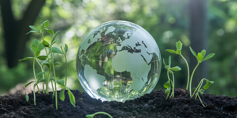 Globe reflecting Earth surrounded by lush greenery, symbolizing environmental care and sustainable growth.