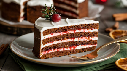 A rich, layered cake with white frosting and red filling, garnished with berries and greenery.