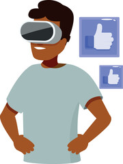 Young man wearing vr headset receiving likes on social media, enjoying virtual reality experience