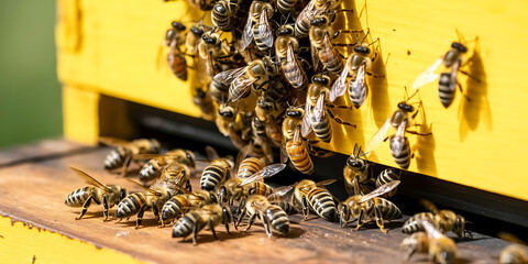 A large swarm of bees densely covers a wooden beehive, buzzing with activity.