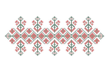 Intricate traditional pattern with geometric shapes in red, green, and white, displaying cultural heritage.
