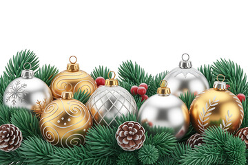 Festive arrangement of silver and gold ornaments with lush green fir branches and pinecones.