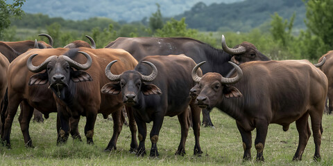 A herd of water buffalo graze peacefully in a lush, green, expansive meadow.