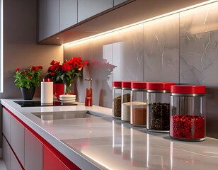 Modern kitchen with red accents and ingredient jars on counter