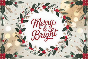 Festive wreath with red berries and greenery, adorned with "Merry & Bright" text.