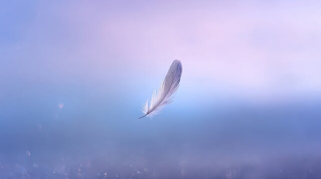 single feather falling slowly through soft glowing air, calm pastel tones of blue and lavender, cinematic soft light, minimal and peaceful mood, ASMR