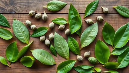 Fresh Tea Leaves on Rustic Wooden Surface Overhead View