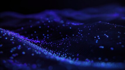 slow motion cosmic waves made of tiny glowing dots, deep blue and violet colors, smooth gradient light, calm digital atmosphere, minimal design