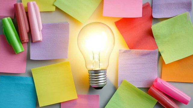 14Overhead composition of sticky notes in multiple colors, markers lying randomly, lightbulb glowing softly in center as symbol of design thinking inspiration