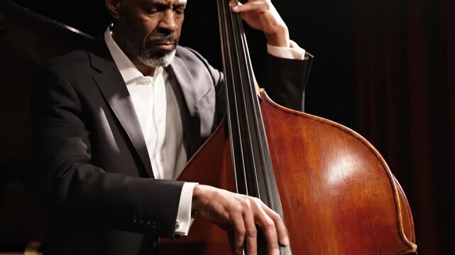 Elegant african american jazz musician in a black suit intensely playing a double bass on a stage with a dark background, performing a passionate melody during a concert performance