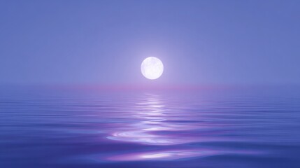 small glowing moon levitating above calm water, gentle ripples, soft blue and violet glow, tranquil ambient lighting, elegant minimalistic background