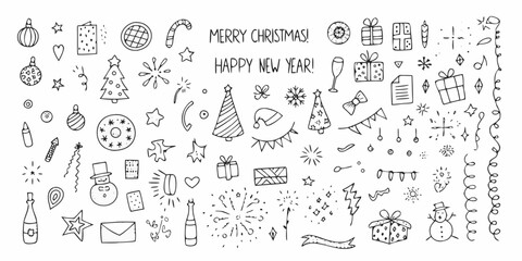 Collection of hand drawn doodle elements for merry christmas and happy new year celebrations