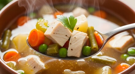close up vegetable soup on a wooden tray near a window, sunlight shining through steam,A cozy winter scene with a bowl