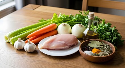 Fresh ingredients for chicken soup arranged neatly on a wooden dining table