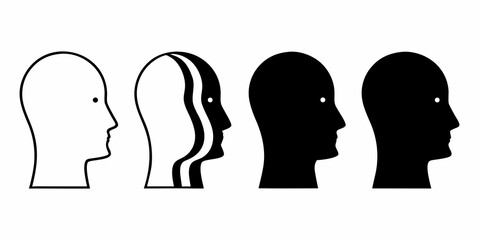 Four stylized human head profiles in silhouette and outline showing progression and contrast