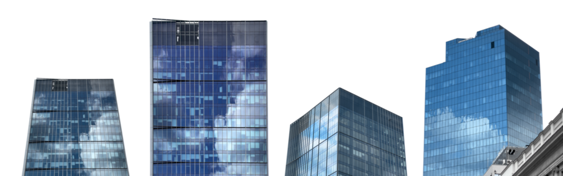 Skyscraper building exterior. Modern glass tower with tall facade, blue reflection of sky and clouds