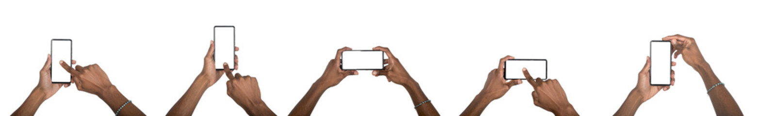 Phone mockup in hand. Smartphone held by dark-skinned male with blank screen, digital device for