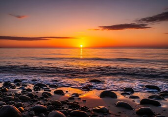 A breathtaking coastal scene at sunset. Golden sun reflects off the tranquil water with vibrant hues painting the sky. Rocky shore