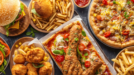 Delicious fast food assortment in artistic diagonal frame, Professional food photography